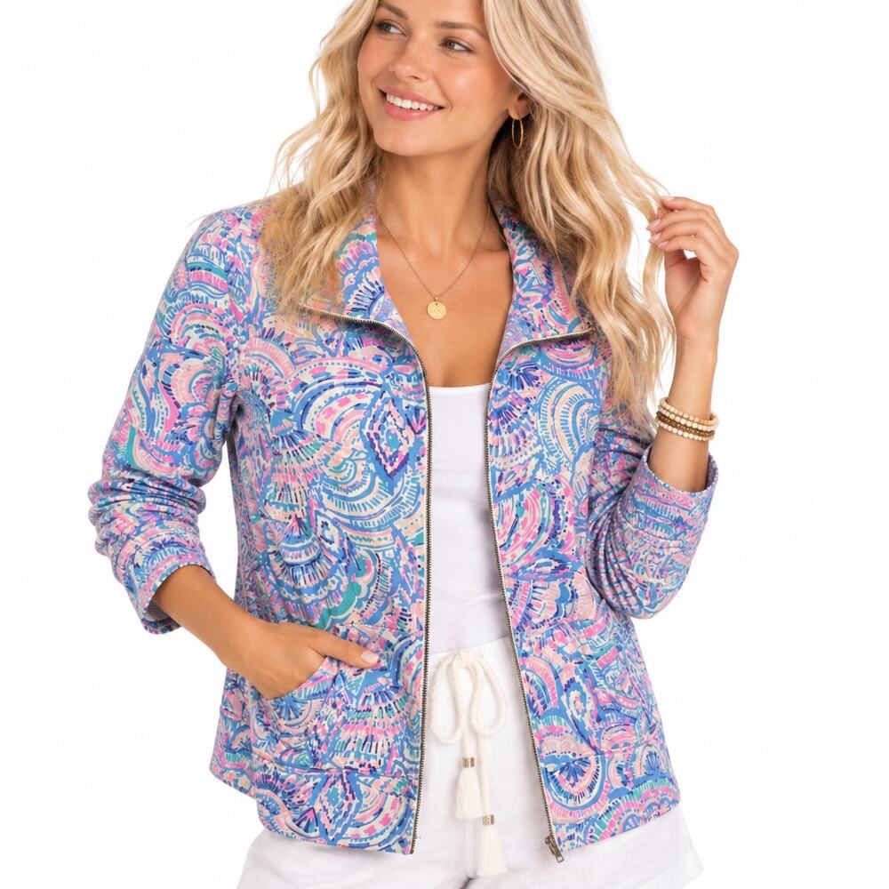 Lilly Pulitzer Leona Full Zip Up Jacket Womens Small Pink Blue Happy as a Clam